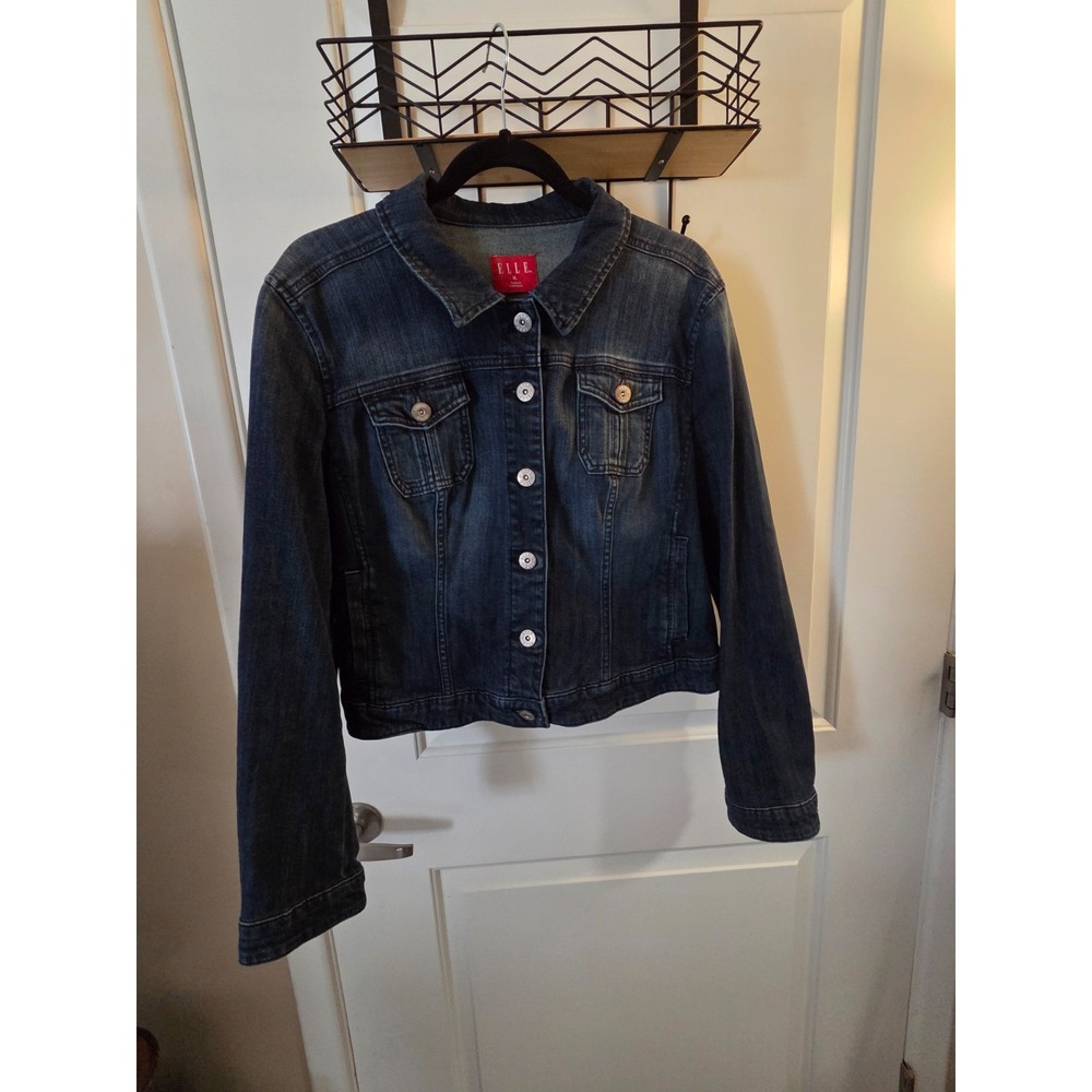 Elle Cropped Jean Jacket Womens XL Blue Dark Long Sleeve Pockets Button Faded